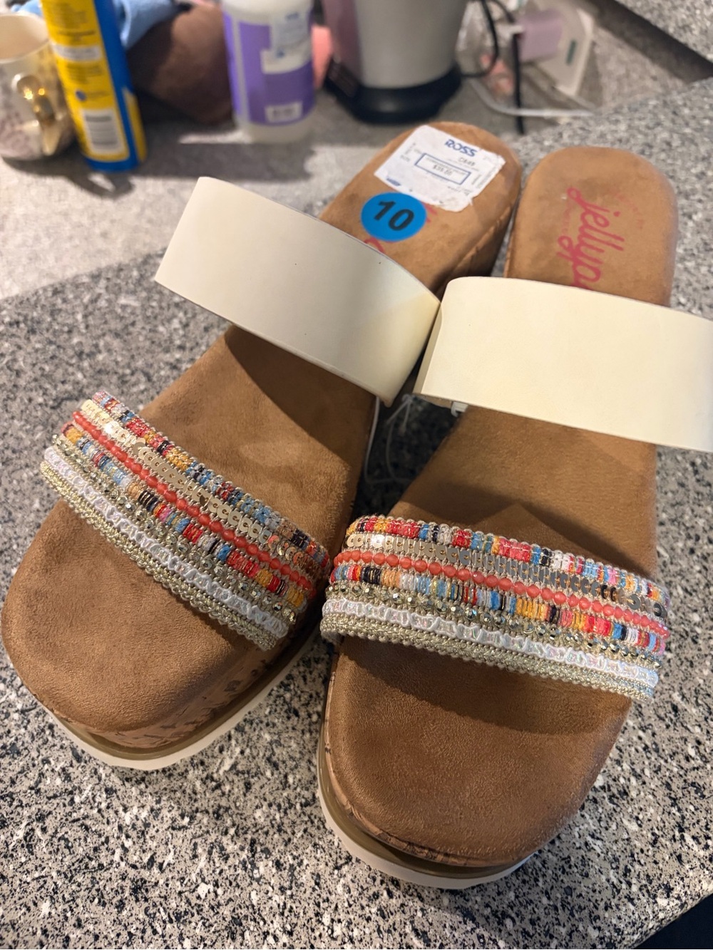 Jellypop Cream & Brown Beaded Slide Mules